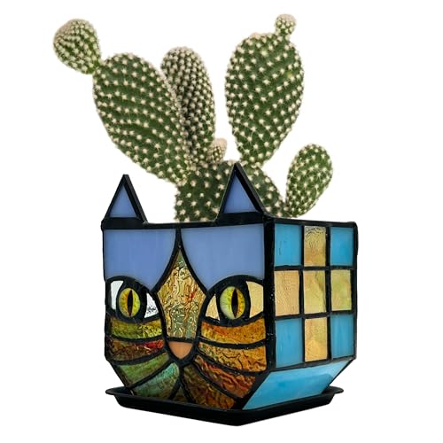 Tiffany Style Stained Glass Cat Flower Pots with Drainage,Funny Blue Cat Planter,Cute Garden Pots,Flower Pots for Indoor Plants,Gifts for Plant Lovers,4.6x3x5.15 in - color: Blue