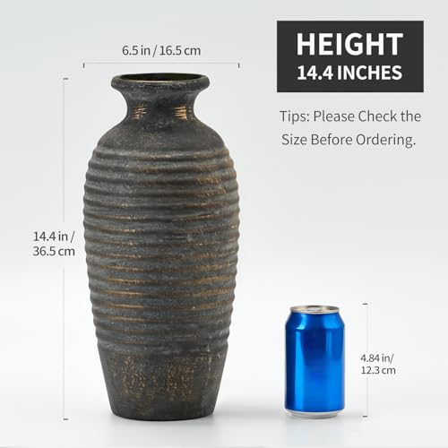 Emotionally Grounded Vase, Vaseking Large Ceramic Rustic Vase, 14.4 inch Minimalist Threaded Decorative Farmhouse Tall Vases for Home Decor, Living Room, Enterway, Table Decoration, Bronze - color: 19151-blue Bronze, size: 14.4"