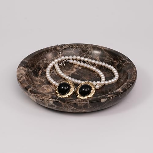 Brown Marble Jewelry Tray - Stone Trinket Ring Key Purse Holder Dish, Small Cute Round Plate Decorative Bowl for Nightstand Entryway Coffee Table Decor (5.5 inch) - color: Circle-Emperador