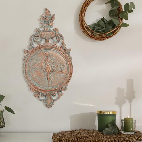 Sungmor Ornate Cast Iron Wall Art Plaque – Classical Woman Relief in French Country Style, Decorative Wall Sculpture - Vintage Hanging Décor for Home, Garden, or Patio – Rustic Black Finish - color: Red Copper & B