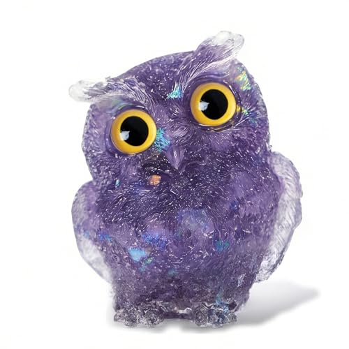 OwMell Owl Statue Tumbled Stone Gemstone Owl Figurine Home Decor Shelf Decor 2.5" - Deep Purple - color: Deep Purple