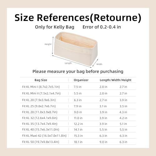 DGAZ Bag Organizer Insert, Silk Purse Organizer, Luxury Handbag Tote in Bag Shapers, Fits Kelly mini I/mini II /20/25/28/32/35/40 Bags (Craie, KL28 Retourne) - color: Craie, size: KL28 Retourne