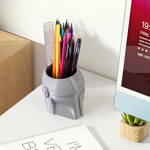 Cool Helmet Pen Holder, Armor Figurine Pencil Holder for Office Desk Decor, 3D Printed, Grey, Durable and Fun Gift Idea - color: Gray, size: Helmet