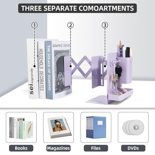 Adjustable Bookends, 19" Metal Book Ends for Heavy Books, 2 Dividers Bookends with Removable Pen Holder, Tray, and 3 Hook-up, Book Organizer for Office, School, Bookstore, Home - color: Purple