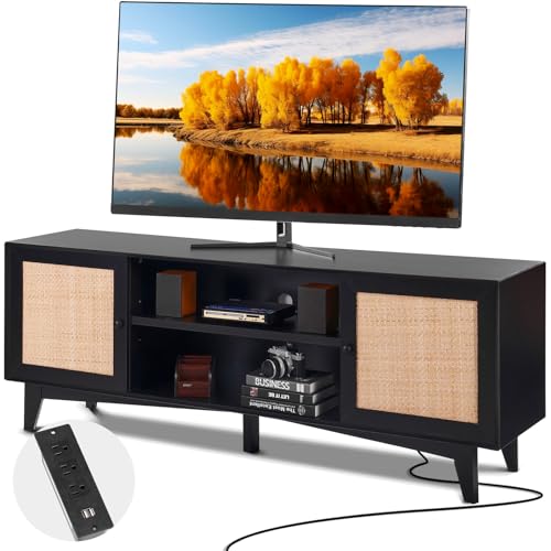 VEVOR Rattan TV Stand for 75in TV, Boho TV Stand with Rattan Door, Entertainment Center with Build-in Socket, Storage Cabinet with 2 Shelves, Modern TV Console for Living Room, Media Room, Black - color: Black, size: for 75" TVs