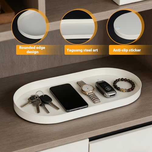 Oval Key & Wallet Tray, 12"x6"x0.8" Metal Valet Tray for Entryway Table, Minimalist Catch All Tray for Keys, Wallet, Jewelry, White