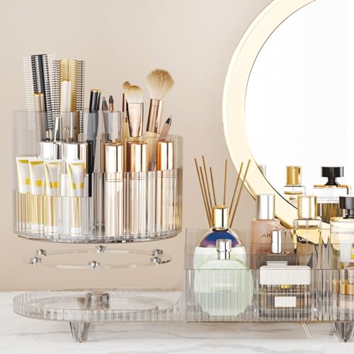 Rotating Makeup Organizer for Vanity with Brush Holder, Cosmetic Makeup Storage Organizer, Large Spinning Makeup Skincare Organizer, Countertop Makeup Perfume, Lotions Display Case (Transparent) - color: Transparent