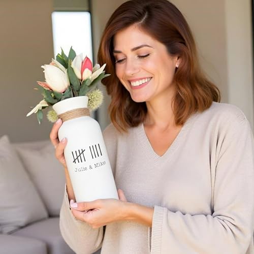 9th Anniversary Pottery Gift for Her Personalized Ceramic Vase with Tally Marks White Handcrafted Custom Couple Names Keepsake 9 Years Marriage, Engraved Handmade 3 x 8 Inches