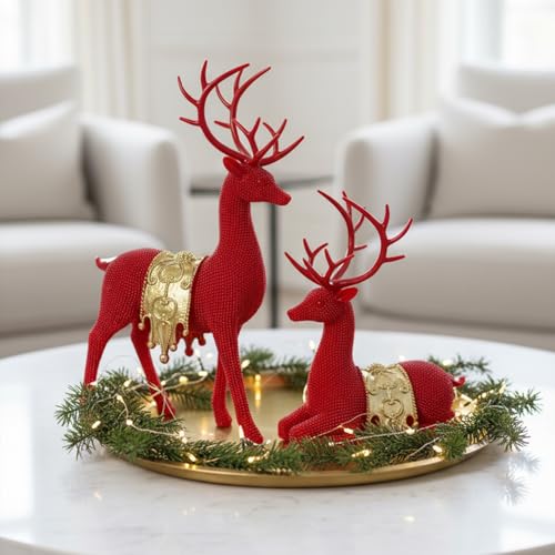 Set of 2 Modern Deer Statues for Home Decor, Handcrafted Resin Elk Sculptures with Intricate Beaded Texture, Elegant Animal Figurines for Living Room, Bookshelf, Office & Housewarming Gift - color: Red