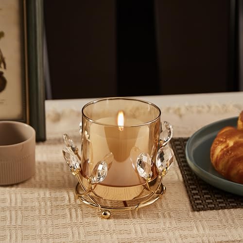 Gold Hurricane Candle Holder with Crystal Accents & Windproof Glass Lid - Elegant Gold Pillar Candle Holder for Wedding, Dinner & Party Table Decor - size: Medium