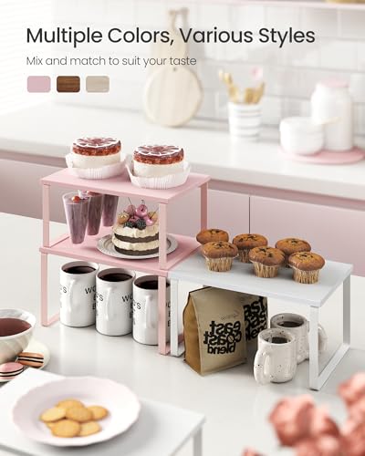 SONGMICS Cabinet Organizer Shelf, Set of 2 Kitchen Counter Shelves, Kitchen Storage, Spice Rack, Stackable, Expandable, Metal and Engineered Wood, Jelly Pink UKCS020S01 - color: Jelly Pink, size: 11.7"W