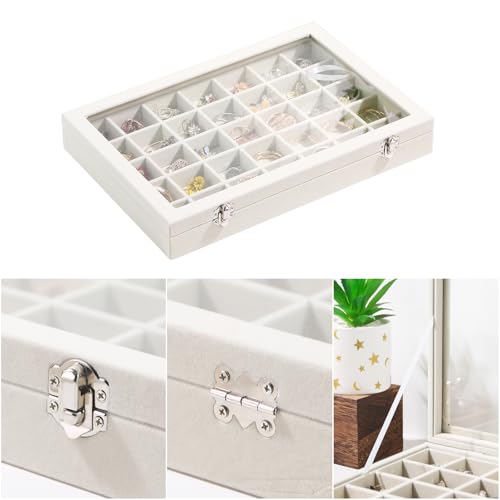 Coward Ring Earring Jewelry Organizer Box, 35 Grids Dustproof Display Holder Case, Beige Velvet Jewelry Bead Display Tray Case with Transparent Glass Lid for Momen Girls - color: Beige Velvet, size: 35Grids Box