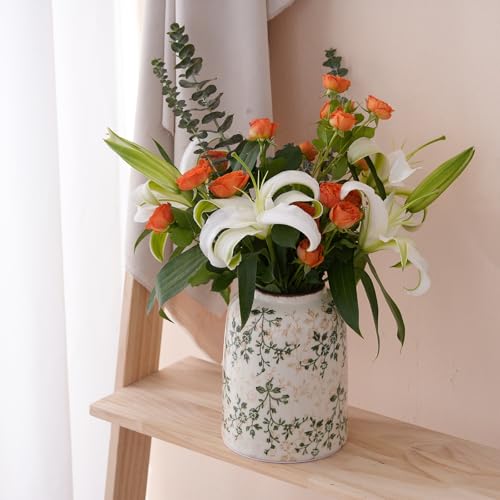 Green Vintage Vase, Chinoiserie Floral Vases, Retro Ice Cracked Ceramic Large Vases for Home Decors, Living Room, Bookshelf, Office, Grand Millennial Decor, Chinoiserie Decors, Tuscan Decor- 7.8 Inch - color: D12