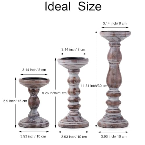 Wooden Pillar Candle Holder: Rustic Brown Candle Stand Wood Distressed Candleholders Farmhouse Fall Decor for Christmas Fireplace Mantle Dining Table Living Room Shelf Set of 3 - color: Brown, size: 5.9", 8.26", 11.81"