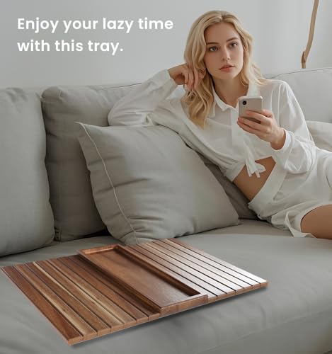 Sofa Arm Tray,Acacia Wood Folding Couch Arm Tray,Sofa Armrest Trays with Anti-Slip Pad for Drinks,Snacks,Phone,Remote Control - style: 1 PC