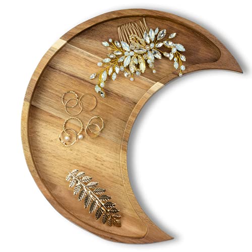 Acacia Wood Moon Crystal Display Tray - Natural Wooden Altar Tray 10.5" x 5" for Crystals and Stones Storage - Solid Wood Jewelry Organizer Dish - Boho Bedroom Decor - color: Acacia