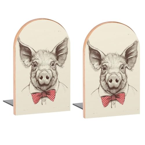 Bow Tie Pig Portrait Book Ends Decorative Wood Bookends for Shelves Kids Room Desk Home Office Book Stoppers for Books, DVDs, 1 Pair/2 Pieces(5x3.1 in) - color: Bow Tie Pig