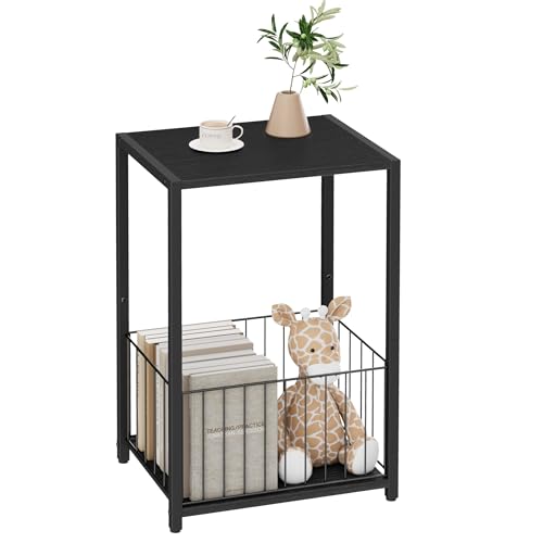 Homleke Side Table with Magazine Holder, Record Player Stand with LP Shelf, End Table for Living Room, Bedroom, or Bedside, Easy Assembly, 11" D x 16.9" W x 23.6" H, Black - color: Black - Large