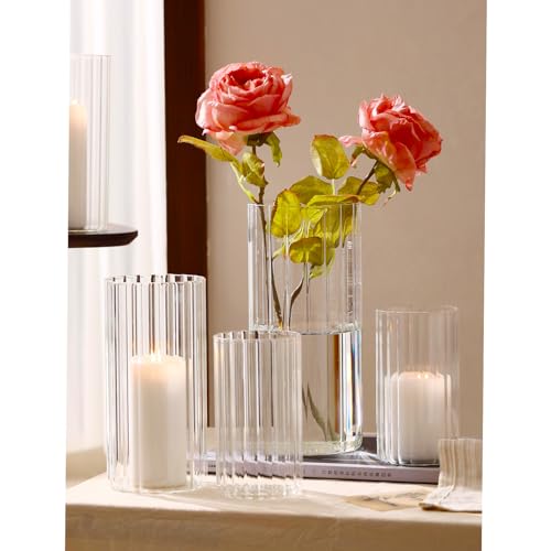 PHOSPHOR 6 PCS Ribbed Glass Candle Holder, Cylinder Candle Holders for Pillar Candles, Clear Glass Hurricane Candle Holders 6'', 8'', 10'' Glass Cylinder Centerpieces Vases - color: Striped Glass 6 Pcs