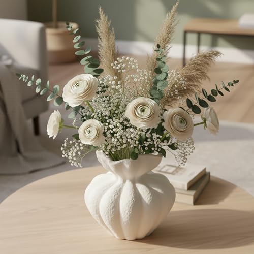 White Ceramic Vase, 6.8 Inch Modern Boho White Flower Vase for Home Decor, Unique Vase for Farmhouse Living Room Cabinet Table Centerpieces Wedding Decorations - size: Small