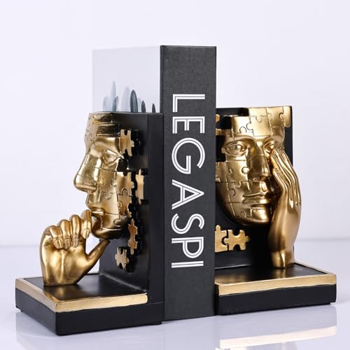 Gold Abstract Face Bookends Set,Modern Thinker Bookshelf Decorative Bookends,Cool Black Gold with Puzzle Design,for Shelves, Desk & Home Office Decor Accessories