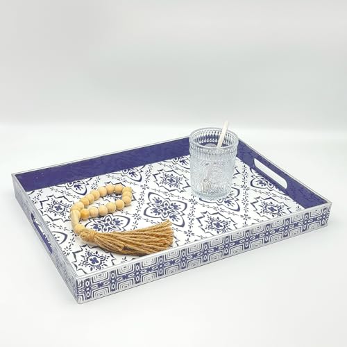 Serving Tray with Handles, 15.7 * 11.8 inches, Plastic Ottoman Tray with Exquisite Paintings, Trays for Coffee Table - color: Blue White