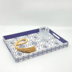 Serving Tray with Handles, 15.7 * 11.8 inches, Plastic Ottoman Tray with Exquisite Paintings, Trays for Coffee Table - color: Blue White