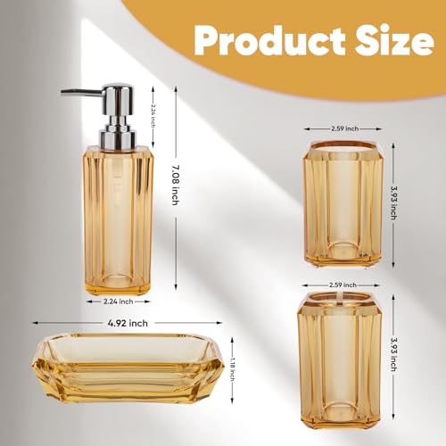 4-Piece Elegant Champagne Gold Bathroom Accessories Set — Soap Dispenser, Soap Dish, Mouthwash Cup & Toothbrush Holder, Glossy Acrylic with Champagne Accent, Vanity Countertop Organizer - color: Champagne Gold