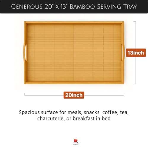 JapanBargain, Large Bamboo Tray with Handle for Tea Lunch Dinner Butler Serving Tray Shelf Tray, 20 x 13
