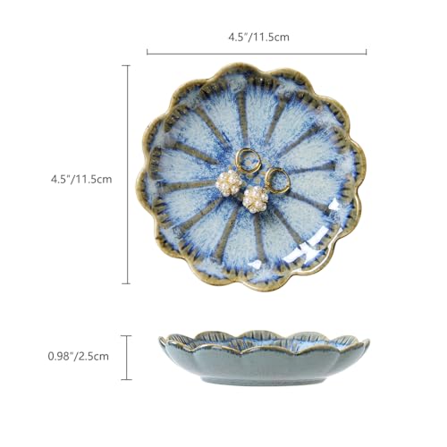 Lotus Ring Holder Dish Small Indoor Ash Tray, Ceramic Dessert Plate Trinket Jewelry Holder Organizing Necklace Earrings for Parents Friends Sister, All Jewelries Are NOT Included, Retro Blue. - color: Retro Blue-Round
