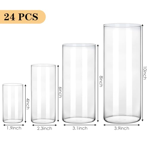 Fixwal 24pcs Clear Glass Cylinder Vases, 4, 6, 8, 10 Inch Tall Cylinder Vases for Centerpieces, Glass Flower Vase Floating Candle Holder Vase for Table Shelf, Party, Wedding, Home Decor - size: 24pcs