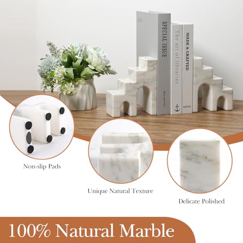 Decorative Natural Marble Book Ends for Shelves, Aesthetic Stone Bookends for Heavy Books, Unique Castle Book Holder/Stopper for Chic Home, Office, or Library Any Bookshelf Decor, Set of 2 (White) - color: Oriental Calacatta