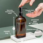 Vine Creations Amber Glass Soap Dispenser Set, Kitchen Soap Dispenser Set with Ceramic Tray, 16 oz Dish Soap and Hand Soap Dispensers with Stainless Steel Pump Decor (Amber Bottle/Matte Black) - color: Amber Bottle / Matte Black Pump