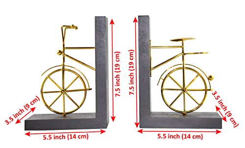 Spiretro Bicycle Bookend Supports, Decorative Book Stoppers with Non-Skid Bottom, Handcrafted Distressed Wood & Metal Book Stand, Display for Bookshelf Office Desktop, 1-Pair, Golden & Brown