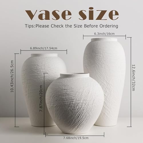 Vintage Ceramic Vase, Minimalist Texture Stone Patterned White Flower Vase, Decorative Vase for Living Room Shelf Farmhouse Dining Table Centerpiece Decor (White Texture Set of 3) - size: White Texture Set of 3