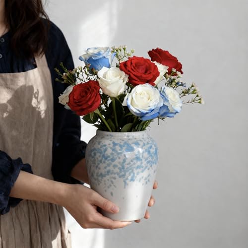 6” Tall Ceramic Vase for Home Decor, Heavyweight Speckled Ceramic Flower Vase for Farmhouse Centerpieces, Modern Table Mantel Shelf Decor, Perfect for Fresh or Artificial Flowers (White) - color: White