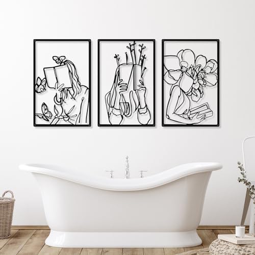 CHENGU 3 Pieces Metal Minimalist Abstract Woman Wall Art Line Drawing Wall Art Decor Single Line Female Home Hanging for Kitchen Bathroom Living Room - style: Reading Style