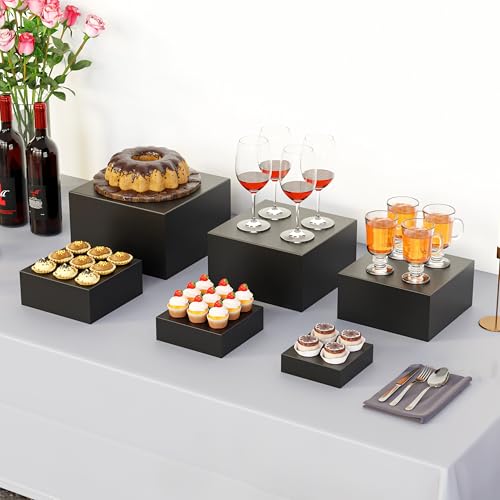 Metal Buffet Risers,6PCS Food Risers for Buffet Table 5in to 10in Display Stand for Catering Dessert Matte black Cube Boxes Nesting Risers with Hollow Bottoms - color: Matte black-6P