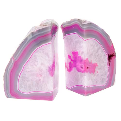 JIC Gem Decorative Crystal Book Ends Polished Dyed Pink Color Geode Brazilian Agate Bookends with Rubber Bumpers Small Size(1 Pair, 2-3 LBS) - color: Pink Dyed, size: 2-3LBS.