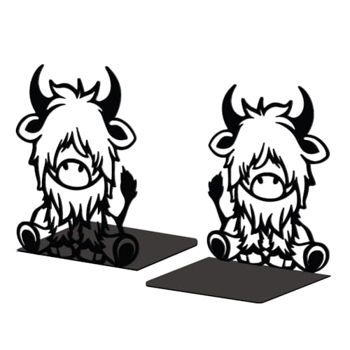 Peacoblue Metal Bookends for Shelves, Modern Decorative Heavy Duty Study Book Support Stoppers for Office, Desk, Shelf, Room 5.3"x4.3"x6.5" Cast Iron Simple Tall Bookends, 1 Pair (Highland Cattle) - style: Highland Cattle