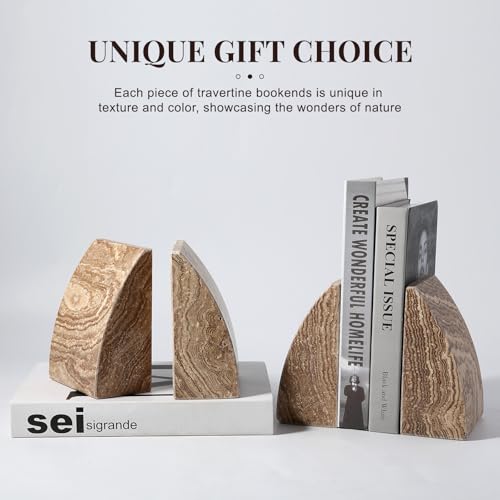 Koville Travertine Bookends for Shelves, Large Stone Bookends for Heavy Books, Non-Slip Heavy Duty Book Stopper for CD/Movies, Aesthetic Decorative Book Ends for Bookshelf Table Home Decor(Brown) - color: Sail-brown Travertine