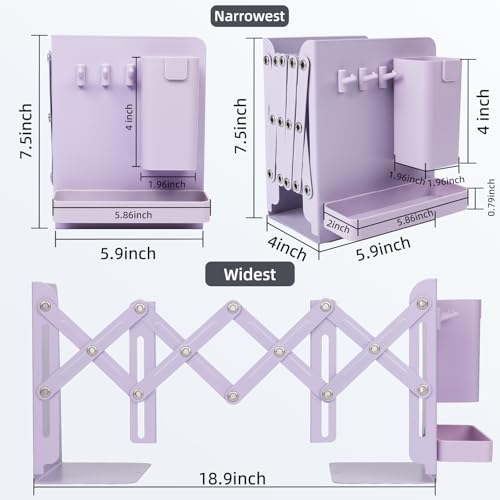Adjustable Bookends, 19" Metal Book Ends for Heavy Books, 2 Dividers Bookends with Removable Pen Holder, Tray, and 3 Hook-up, Book Organizer for Office, School, Bookstore, Home - color: Purple