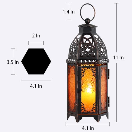 NEEDOMO 11'' Moroccan Lanterns Decorative Indoor & Outdoor, Vintage Christmas Candle Holder, Metal Lanterns Decorative, Table, Patio, Porch, Shelf, Christmas Spring Halloween Home Decor (Amber) - color: Amber, size: Medium