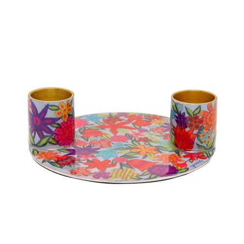 Yair Emanuel Flat Plate Candle Holders for Shabbat 4 Inch Vibrant Pattern Design Modern Judaica Gift (CSE-2 Flowers) - color: Cse-2 Flowers