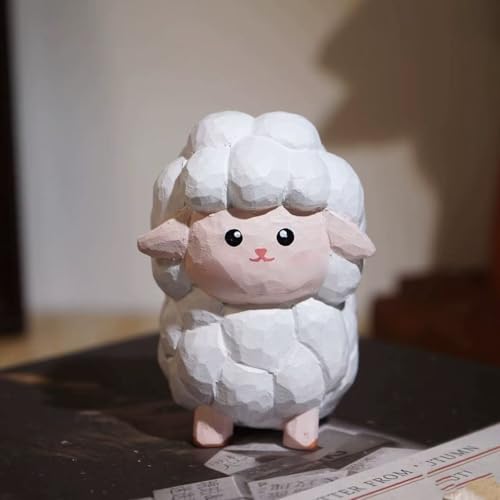 Hand Carved Wooden Sheep Statue with Round Wood Base – Mini Cute Lamb Figurine, Handmade Animal Sculpture, Rustic Desk Ornament & Unique Gift for Animal Lovers and Home Decor - color: Decor-sheep