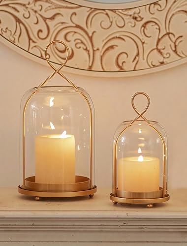 NUPTIO Glass Lanterns Decorative Outdoor: Gold Hurricane Candle Holders for Pillar Candles - Set of 2 Hanging Lantern for Home Thanksgiving Christmas Party Centerpiece