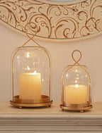 NUPTIO Glass Lanterns Decorative Outdoor: Gold Hurricane Candle Holders for Pillar Candles - Set of 2 Hanging Lantern for Home Thanksgiving Christmas Party Centerpiece