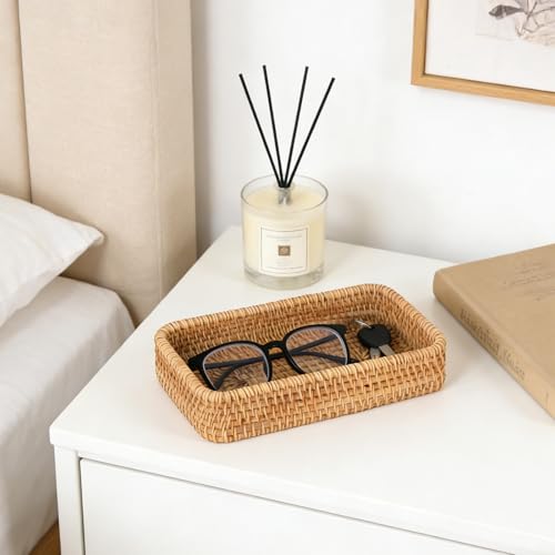Small Rattan Serving Tray, Natural Wicker Decorative Tray Handwoven for Keys Trinkets Rings Cosmetics, Decorative Jewelry Perfume Tray for Coffee Table Entryway Living Room(8.2" × 4.3") - style: XS (8.2" × 4.3")