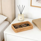 Small Rattan Serving Tray, Natural Wicker Decorative Tray Handwoven for Keys Trinkets Rings Cosmetics, Decorative Jewelry Perfume Tray for Coffee Table Entryway Living Room(8.2" × 4.3") - style: XS (8.2" × 4.3")