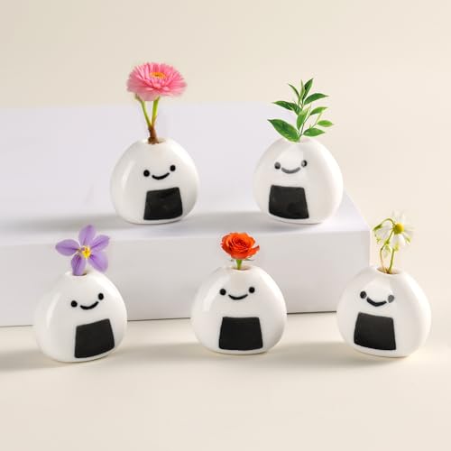 Mini Ceramic Bud Vases, Cute Small Tiny Flower Vases for Home Decor, Wedding Party, Birthday Gift (Ceramic Japanese Rice Ball-5 Pack)